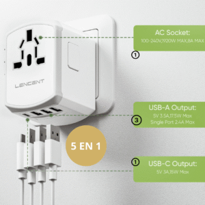 Adaptador de Viaje Universal 5 EN 1 (3 Puertos USB  + 1 Tipo C + 1 AC)