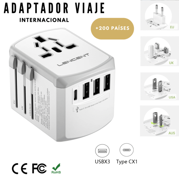 Adaptador de Viaje Universal 5 EN 1 (3 Puertos USB  + 1 Tipo C + 1 AC) - Image 3