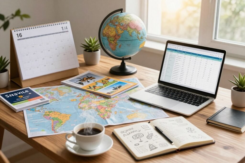 A beautifully organized travel planning workspace, featuring a large wooden desk cluttered with colorful travel maps, destination brochures, and a sleek laptop open to a travel itinerary. In the foreground, a cup of steaming coffee sits beside a notepad filled with handwritten notes and doodles. The middle scene shows a globe, highlighting various travel destinations, and a calendar marked with important dates, suggesting effective time management. In the background, a large window allows soft, warm sunlight to filter through, creating a cozy atmosphere. The lens captures the scene from a slightly elevated angle, emphasizing depth. The mood is inspiring and focused, perfect for planning an unforgettable journey. No people are present in the image. A beautifully organized travel planning workspace, featuring a large wooden desk cluttered with colorful travel maps, destination brochures, and a sleek laptop open to a travel itinerary. In the foreground, a cup of steaming coffee sits beside a notepad filled with handwritten notes and doodles. The middle scene shows a globe, highlighting various travel destinations, and a calendar marked with important dates, suggesting effective time management. In the background, a large window allows soft, warm sunlight to filter through, creating a cozy atmosphere. The lens captures the scene from a slightly elevated angle, emphasizing depth. The mood is inspiring and focused, perfect for planning an unforgettable journey. No people are present in the image.
