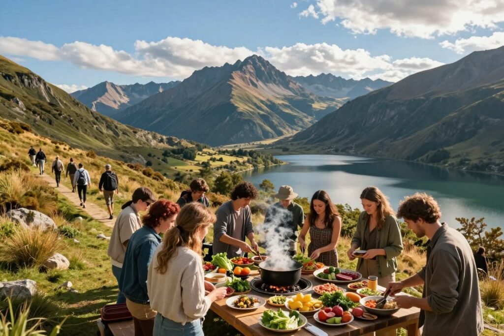 A captivating scene depicting sustainable tourism, adventure travel, and culinary experiences. In the foreground, a diverse group of travelers in modest casual clothing engages in a vibrant outdoor cooking class, using fresh, local ingredients. The middle of the image features a lush landscape, with hikers exploring scenic trails and a serene lake reflecting the sky. The background showcases majestic mountains under a bright blue sky, illuminated by warm, golden sunlight that creates an inviting atmosphere. The mood is joyful and adventurous, embodying the spirit of unique travel experiences. Use a wide-angle lens to capture the expansiveness of the landscape, ensuring a dynamic composition that invites the viewer to explore the scene. A captivating scene depicting sustainable tourism, adventure travel, and culinary experiences. In the foreground, a diverse group of travelers in modest casual clothing engages in a vibrant outdoor cooking class, using fresh, local ingredients. The middle of the image features a lush landscape, with hikers exploring scenic trails and a serene lake reflecting the sky. The background showcases majestic mountains under a bright blue sky, illuminated by warm, golden sunlight that creates an inviting atmosphere. The mood is joyful and adventurous, embodying the spirit of unique travel experiences. Use a wide-angle lens to capture the expansiveness of the landscape, ensuring a dynamic composition that invites the viewer to explore the scene.