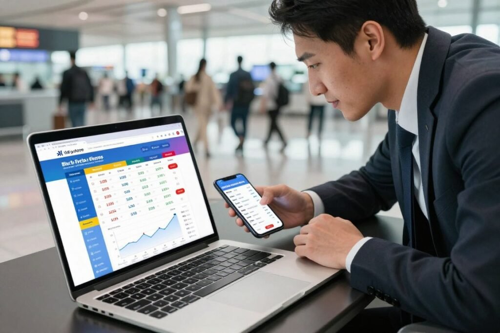 A conceptual scene illustrating the comparison of airline fares. In the foreground, a sleek laptop is open, displaying a vibrant, colorful webpage with fluctuating fare prices and graphs. Beside it, a smartphone shows a flight comparison app, showcasing various airlines and prices. In the middle ground, a stylish professional, dressed in smart business attire, leans over the laptop, intently analyzing the information. The background features a soft-focus airport terminal, with travelers moving about, highlighting a busy environment. The lighting is bright and inviting, creating an atmosphere of optimism and excitement. The angle is slightly angled from above, providing a clear view of the laptop screen while emphasizing the dynamic atmosphere of travel planning. A conceptual scene illustrating the comparison of airline fares. In the foreground, a sleek laptop is open, displaying a vibrant, colorful webpage with fluctuating fare prices and graphs. Beside it, a smartphone shows a flight comparison app, showcasing various airlines and prices. In the middle ground, a stylish professional, dressed in smart business attire, leans over the laptop, intently analyzing the information. The background features a soft-focus airport terminal, with travelers moving about, highlighting a busy environment. The lighting is bright and inviting, creating an atmosphere of optimism and excitement. The angle is slightly angled from above, providing a clear view of the laptop screen while emphasizing the dynamic atmosphere of travel planning.
