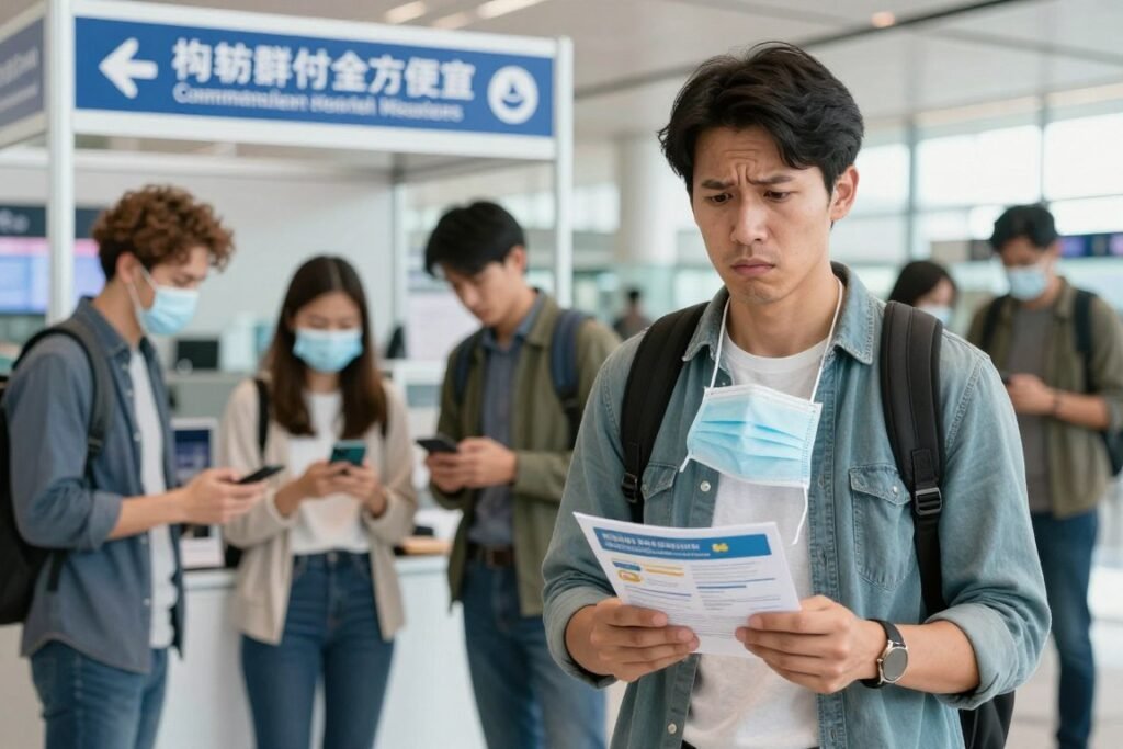 A concerned traveler standing in an airport, holding a health guideline pamphlet, with a medical mask hanging around their neck. In the foreground, focus on their worried expression, dressed in business casual attire, representing anxiety about common health mistakes while traveling. The middle ground shows a diverse group of other travelers, some looking at their phones for health information, while others are consulting with health professionals at a designated travel health booth. The background depicts an airport terminal with signs for health and safety protocols. The lighting is bright and welcoming, capturing a sense of urgency and importance in health awareness. The atmosphere is tense yet informative, emphasizing the need to heed health recommendations while traveling. A concerned traveler standing in an airport, holding a health guideline pamphlet, with a medical mask hanging around their neck. In the foreground, focus on their worried expression, dressed in business casual attire, representing anxiety about common health mistakes while traveling. The middle ground shows a diverse group of other travelers, some looking at their phones for health information, while others are consulting with health professionals at a designated travel health booth. The background depicts an airport terminal with signs for health and safety protocols. The lighting is bright and welcoming, capturing a sense of urgency and importance in health awareness. The atmosphere is tense yet informative, emphasizing the need to heed health recommendations while traveling.