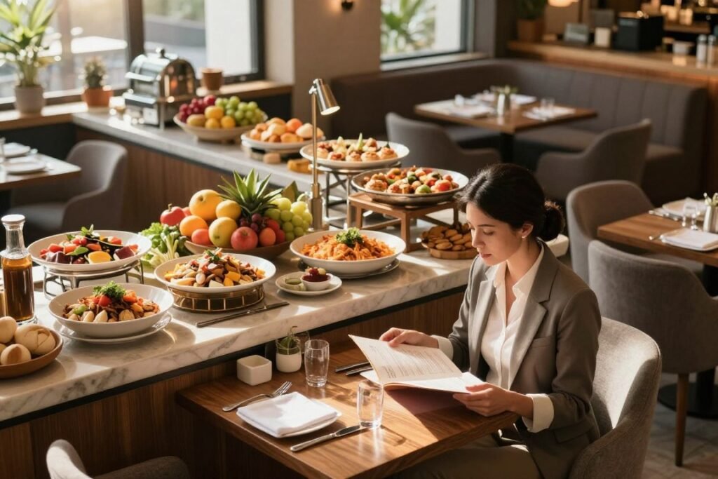 A cozy hotel dining area with various dining options available, featuring a buffet and a stylish café setting. In the foreground, a professional woman in smart casual clothing is examining a menu on her table, thoughtfully considering her choices. The middle section captures a vibrant buffet filled with fresh fruits, pastries, and local dishes, showcasing an inviting array of meals. In the background, sunlight filters through large windows, creating a warm, welcoming atmosphere. The lighting is soft and natural, casting gentle shadows, enhancing the inviting mood. The perspective is slightly from above, giving a comprehensive view of the dining options while keeping the focus on the thoughtful guest making budget-friendly meal choices.
