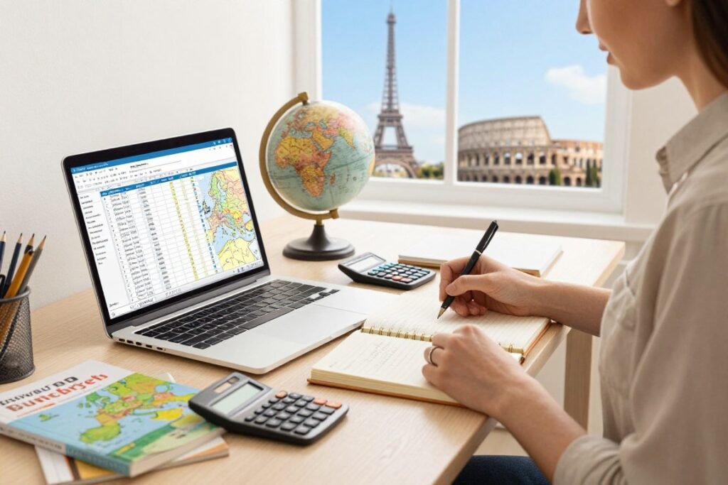 A cozy workspace filled with travel planning essentials. In the foreground, a neatly arranged desk featuring a laptop displaying a colorful budget spreadsheet and a detailed map of Europe. Scattered around are travel guides, a calculator, and a small globe. In the middle, a person dressed in smart casual attire, focused on planning their trip, consults a notebook filled with handwritten notes. The background features a bright window showing iconic European landmarks like the Eiffel Tower and Colosseum under a clear blue sky. Soft, warm lighting illuminates the scene, creating a productive and hopeful atmosphere, perfect for inspiring travelers to define their travel budget effectively.