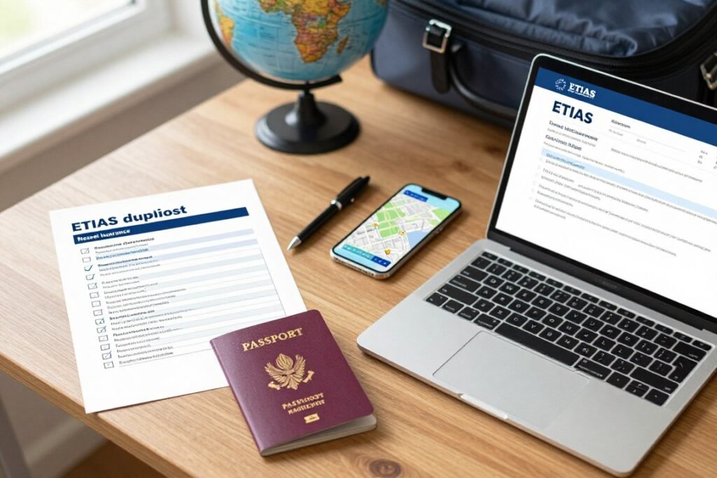 A detailed flat lay of travel documents required for ETIAS application, arranged neatly on a wooden desk. In the foreground, a passport and an open laptop displaying an ETIAS application form. Beside them, a checklist with ticked boxes for necessary documents, such as travel insurance and proof of accommodation. In the middle, a stylish pen and a smartphone showing a map, symbolizing planning. The background features a blurred image of a globe and a travel bag, creating an adventurous atmosphere. Soft natural light filters in from a nearby window, illuminating the scene. The overall mood is organized, professional, and inviting, emphasizing the importance of proper documentation for international travel. A detailed flat lay of travel documents required for ETIAS application, arranged neatly on a wooden desk. In the foreground, a passport and an open laptop displaying an ETIAS application form. Beside them, a checklist with ticked boxes for necessary documents, such as travel insurance and proof of accommodation. In the middle, a stylish pen and a smartphone showing a map, symbolizing planning. The background features a blurred image of a globe and a travel bag, creating an adventurous atmosphere. Soft natural light filters in from a nearby window, illuminating the scene. The overall mood is organized, professional, and inviting, emphasizing the importance of proper documentation for international travel.