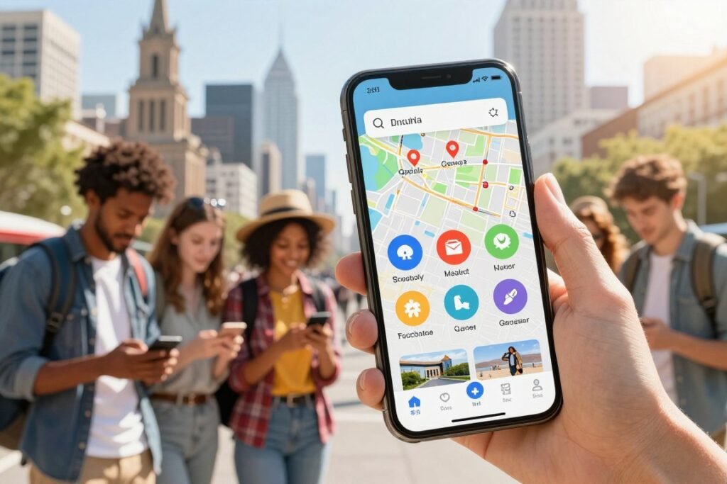 A modern traveler's smartphone screen displaying various navigation and map applications, prominently featuring vibrant icons and user-friendly interfaces. In the foreground, a diverse group of travelers, dressed in casual yet stylish clothing, are engrossed in using their devices. The background showcases a bustling cityscape with recognizable landmarks and busy streets, enveloped in warm sunlight to evoke a sense of adventure. Focus on a close-up angle of the smartphone with a blurred city environment to emphasize the technology's role in enhancing travel experiences. The atmosphere should feel dynamic and hopeful, suggesting exploration and the thrill of discovering new places. High-resolution clarity and bright, cheerful colors to accentuate the excitement of travel. A modern traveler's smartphone screen displaying various navigation and map applications, prominently featuring vibrant icons and user-friendly interfaces. In the foreground, a diverse group of travelers, dressed in casual yet stylish clothing, are engrossed in using their devices. The background showcases a bustling cityscape with recognizable landmarks and busy streets, enveloped in warm sunlight to evoke a sense of adventure. Focus on a close-up angle of the smartphone with a blurred city environment to emphasize the technology's role in enhancing travel experiences. The atmosphere should feel dynamic and hopeful, suggesting exploration and the thrill of discovering new places. High-resolution clarity and bright, cheerful colors to accentuate the excitement of travel.