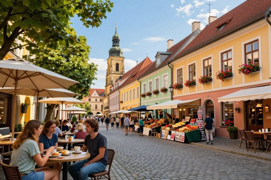 A picturesque European landscape showcasing affordable travel destinations. In the foreground, a cozy café with outdoor seating, where friends in modest casual clothing are enjoying coffee and pastries, exuding a relaxed atmosphere. In the middle ground, charming cobblestone streets lined with colorful buildings adorned with flowers in window boxes, leading to vibrant street markets filled with local produce and crafts. In the background, iconic European architecture such as quaint churches and historical landmarks, bathed in warm, golden daylight. The scene is framed by lush trees and a clear blue sky, evoking a sense of joy and adventure. Use a wide-angle lens to capture the bustling yet inviting environment. A picturesque European landscape showcasing affordable travel destinations. In the foreground, a cozy café with outdoor seating, where friends in modest casual clothing are enjoying coffee and pastries, exuding a relaxed atmosphere. In the middle ground, charming cobblestone streets lined with colorful buildings adorned with flowers in window boxes, leading to vibrant street markets filled with local produce and crafts. In the background, iconic European architecture such as quaint churches and historical landmarks, bathed in warm, golden daylight. The scene is framed by lush trees and a clear blue sky, evoking a sense of joy and adventure. Use a wide-angle lens to capture the bustling yet inviting environment.
