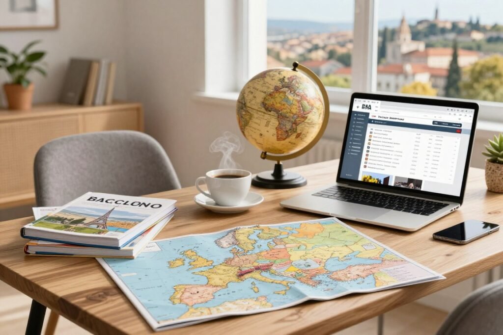 A picturesque European travel planning scene, featuring a modern, elegantly styled workspace. In the foreground, a wooden table is filled with travel guides, maps of major European cities like Paris, Rome, and Barcelona, and a laptop with flight booking websites open. A stylish globe rests beside a steaming cup of coffee, symbolizing exploration. In the middle ground, a cozy chair sits next to the table, inviting travelers to sit and plan. In the background, a window showcases a sunny European landscape, with rolling hills or iconic landmarks visible. The light is warm and inviting, creating an atmosphere of excitement and anticipation. Use a slightly blurred depth of field to focus on the travel details in the foreground, evoking a sense of adventure.