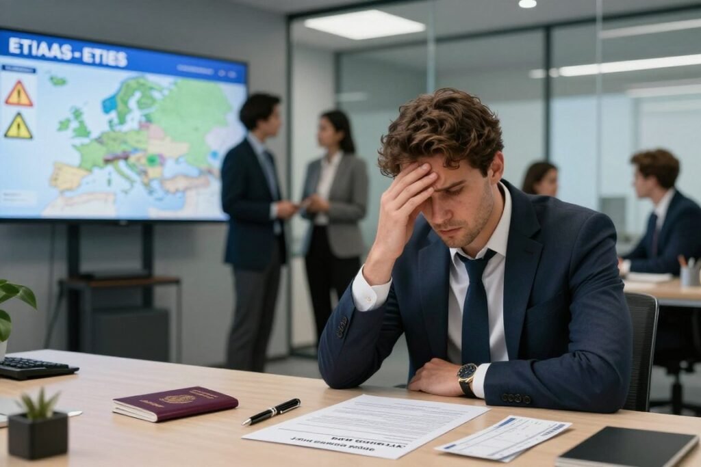 A professional office setting with a serious tone depicting the consequences of not having ETIAS. In the foreground, a worried traveler dressed in modest business attire looks at a denied passport application, with a pen and an airplane ticket scattered beside them. The middle ground features a large digital screen showing a map of Europe with warning symbols, indicating restricted access. In the background, business professionals are discussing behind a glass partition, emphasizing urgency and decision-making. The lighting is soft but direct, highlighting the expressions of concern. A wide-angle shot captures this tense atmosphere, conveying a sense of anxiety and the importance of proper travel documentation. A professional office setting with a serious tone depicting the consequences of not having ETIAS. In the foreground, a worried traveler dressed in modest business attire looks at a denied passport application, with a pen and an airplane ticket scattered beside them. The middle ground features a large digital screen showing a map of Europe with warning symbols, indicating restricted access. In the background, business professionals are discussing behind a glass partition, emphasizing urgency and decision-making. The lighting is soft but direct, highlighting the expressions of concern. A wide-angle shot captures this tense atmosphere, conveying a sense of anxiety and the importance of proper travel documentation.
