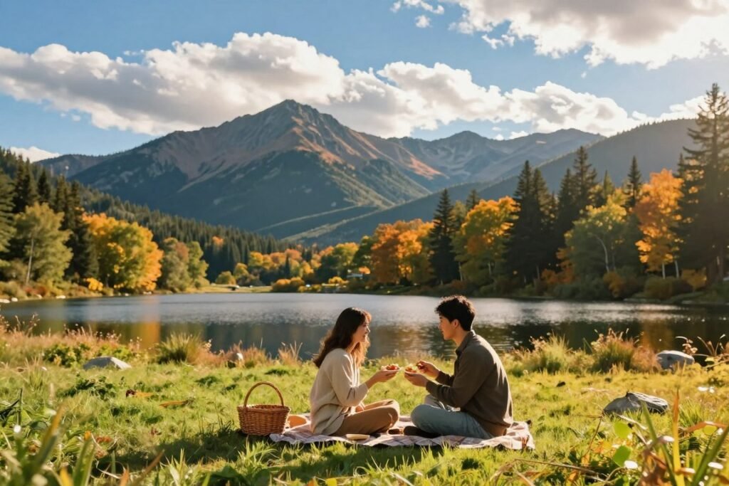 A romantic getaway scene featuring a couple enjoying a picturesque moment in a vibrant American landscape. In the foreground, the couple, dressed in smart casual clothing, is sitting on a picnic blanket with a small basket, sharing a light meal. The middle ground showcases a serene lake surrounded by lush greenery, with autumn leaves starting to change color. In the background, majestic mountains rise under a clear blue sky, with fluffy white clouds. The warm golden light of late afternoon casts a soft glow over the scene, enhancing the intimate and joyful atmosphere. The composition captures a sense of adventure and connection, inviting viewers to imagine their own couple's escape in the US. A romantic getaway scene featuring a couple enjoying a picturesque moment in a vibrant American landscape. In the foreground, the couple, dressed in smart casual clothing, is sitting on a picnic blanket with a small basket, sharing a light meal. The middle ground showcases a serene lake surrounded by lush greenery, with autumn leaves starting to change color. In the background, majestic mountains rise under a clear blue sky, with fluffy white clouds. The warm golden light of late afternoon casts a soft glow over the scene, enhancing the intimate and joyful atmosphere. The composition captures a sense of adventure and connection, inviting viewers to imagine their own couple's escape in the US.