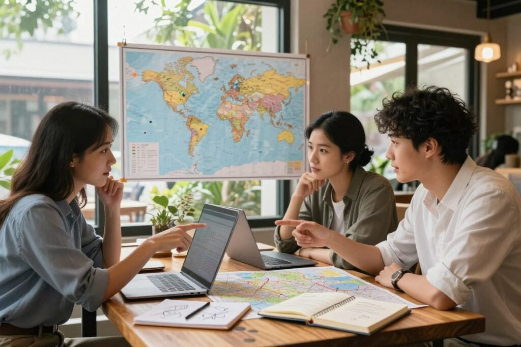 A serene travel planning scene set in a cozy, sunlit café with large windows. In the foreground, a wooden table is scattered with maps, a laptop, and a travel journal, showing details like notes and sketches. A diverse group of three individuals, dressed in smart casual attire, is engaged in a lively discussion, pointing at their screens, their expressions reflecting excitement and contemplation. In the middle ground, a vibrant world map is pinned on the wall, with various travel destinations marked in colorful pins. In the background, lush greenery and soft, diffused sunlight create a warm atmosphere. The overall mood is inspiring and focused, as they define their travel goals in this inviting space. A serene travel planning scene set in a cozy, sunlit café with large windows. In the foreground, a wooden table is scattered with maps, a laptop, and a travel journal, showing details like notes and sketches. A diverse group of three individuals, dressed in smart casual attire, is engaged in a lively discussion, pointing at their screens, their expressions reflecting excitement and contemplation. In the middle ground, a vibrant world map is pinned on the wall, with various travel destinations marked in colorful pins. In the background, lush greenery and soft, diffused sunlight create a warm atmosphere. The overall mood is inspiring and focused, as they define their travel goals in this inviting space.
