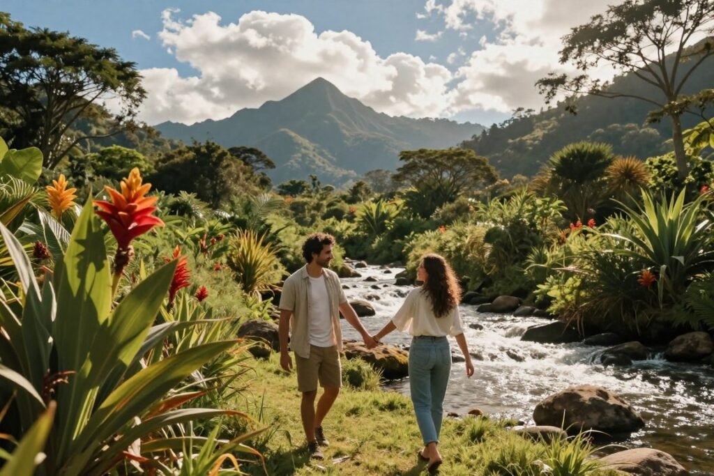 A stunning romantic scene showcasing a couple exploring the lush landscapes of Latin America, surrounded by greenery and vibrant tropical flowers. In the foreground, a couple in modest casual attire holds hands, exuding joy and adventure. The middle ground features a gently flowing river cascading over rocks, reflecting sunlight. In the background, majestic mountains rise under a bright blue sky, dappled with fluffy white clouds. The lighting is warm and inviting, casting soft shadows, creating a serene atmosphere. The capture is taken from a low angle, emphasizing the couple and the stunning nature around them, evoking feelings of love, exploration, and adventure. A stunning romantic scene showcasing a couple exploring the lush landscapes of Latin America, surrounded by greenery and vibrant tropical flowers. In the foreground, a couple in modest casual attire holds hands, exuding joy and adventure. The middle ground features a gently flowing river cascading over rocks, reflecting sunlight. In the background, majestic mountains rise under a bright blue sky, dappled with fluffy white clouds. The lighting is warm and inviting, casting soft shadows, creating a serene atmosphere. The capture is taken from a low angle, emphasizing the couple and the stunning nature around them, evoking feelings of love, exploration, and adventure.
