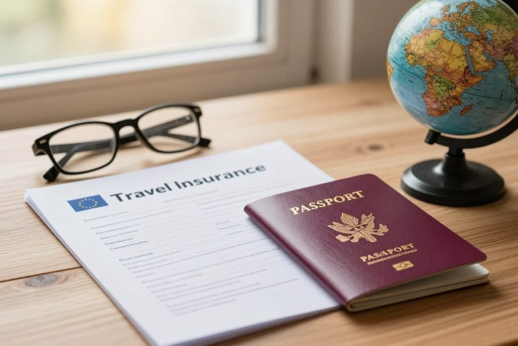 A travel insurance document prominently displayed on a wooden surface, with an elegant passport and a small globe beside it. In the background, soft sunlight streams through a window, casting a warm glow on the scene. The passport is open to a page showing the European Union emblem, while the globe highlights Europe. A pair of stylish eyeglasses rests nearby, suggesting careful planning. The overall mood is professional and reassuring, symbolizing preparation for a trip. The image should be taken from a slightly elevated angle, focusing on the travel insurance document as the central subject, with the globe and passport subtly enhancing the travel theme. No people or text should be included. A travel insurance document prominently displayed on a wooden surface, with an elegant passport and a small globe beside it. In the background, soft sunlight streams through a window, casting a warm glow on the scene. The passport is open to a page showing the European Union emblem, while the globe highlights Europe. A pair of stylish eyeglasses rests nearby, suggesting careful planning. The overall mood is professional and reassuring, symbolizing preparation for a trip. The image should be taken from a slightly elevated angle, focusing on the travel insurance document as the central subject, with the globe and passport subtly enhancing the travel theme. No people or text should be included.