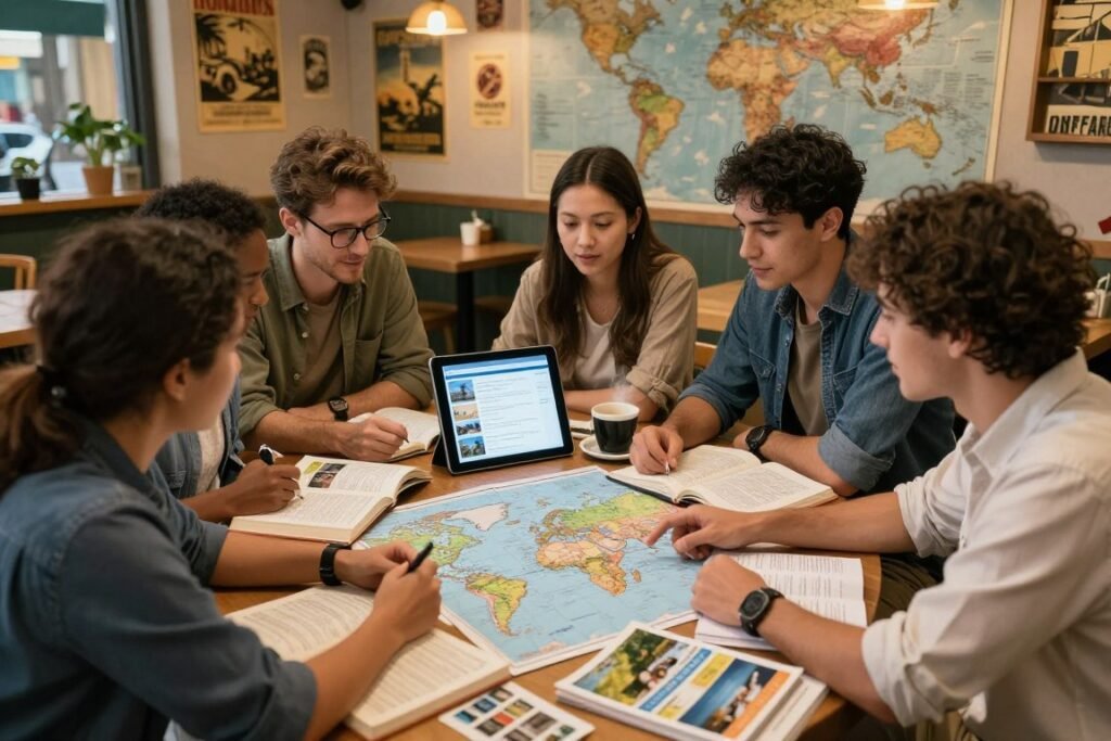 A travel scene illustrating the concept of research before traveling abroad. In the foreground, a diverse group of travelers, dressed in modest casual clothing, gathers around a table filled with guidebooks, maps, and travel brochures. They are engaged in discussion, pointing at various destinations on a world map. In the middle ground, a digital tablet displays travel apps and reviews, accompanied by a steaming coffee cup. The background features an eclectic, cozy travel café adorned with vintage travel posters and a world map mural, evoking a sense of adventure. Soft, warm lighting from hanging lamps creates an inviting atmosphere, and the camera angle captures the scene from slightly above, emphasizing the group’s engagement and enthusiasm for planning their next trip. A travel scene illustrating the concept of research before traveling abroad. In the foreground, a diverse group of travelers, dressed in modest casual clothing, gathers around a table filled with guidebooks, maps, and travel brochures. They are engaged in discussion, pointing at various destinations on a world map. In the middle ground, a digital tablet displays travel apps and reviews, accompanied by a steaming coffee cup. The background features an eclectic, cozy travel café adorned with vintage travel posters and a world map mural, evoking a sense of adventure. Soft, warm lighting from hanging lamps creates an inviting atmosphere, and the camera angle captures the scene from slightly above, emphasizing the group’s engagement and enthusiasm for planning their next trip.