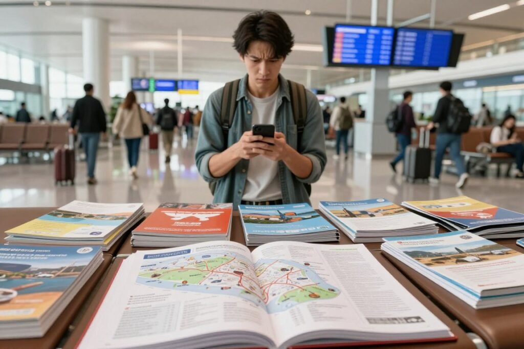 A traveler standing in an airport terminal, looking confused and overwhelmed, surrounded by various travel guides and brochures lying on a bench. In the foreground, a close-up of an open guidebook showing a map and important tourist sites, highlighting essential information. The middle ground features the traveler, a young adult in modest casual clothing, checking their phone for directions while appearing frustrated. The background shows busy airport screens displaying flight information and a diverse crowd of travelers. Soft, natural lighting illuminates the scene, creating a sense of urgency and anticipation, while warm colors evoke a feeling of curiosity about the destination. The overall mood conveys the importance of researching travel destinations ahead of time. A traveler standing in an airport terminal, looking confused and overwhelmed, surrounded by various travel guides and brochures lying on a bench. In the foreground, a close-up of an open guidebook showing a map and important tourist sites, highlighting essential information. The middle ground features the traveler, a young adult in modest casual clothing, checking their phone for directions while appearing frustrated. The background shows busy airport screens displaying flight information and a diverse crowd of travelers. Soft, natural lighting illuminates the scene, creating a sense of urgency and anticipation, while warm colors evoke a feeling of curiosity about the destination. The overall mood conveys the importance of researching travel destinations ahead of time.