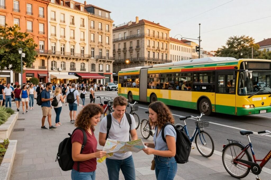 A vibrant European cityscape featuring affordable transportation options, including a colorful city bus, bicycles, and a tram. In the foreground, depict a diverse group of travelers in casual clothing, looking at a map and discussing their route with enthusiasm. In the middle ground, highlight a busy street with locals and tourists using public transport. The background showcases historical architecture, such as charming buildings with balconies and classic European streets. The scene is illuminated by warm, golden hour lighting, creating a welcoming and optimistic atmosphere. Capture the essence of budget-friendly travel in Europe, with a focus on accessibility and community. Use a wide-angle perspective to encompass the bustling environment.
