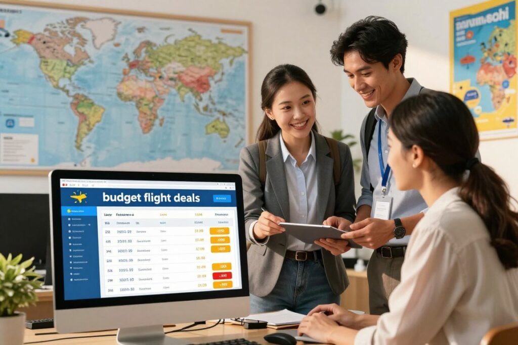 A vibrant and engaging scene depicting a travel office with a focus on "budget flight deals." In the foreground, a computer screen showcases a colorful interface filled with flight search results, highlighting low prices and special offers. The middle ground features a friendly travel agent, dressed in professional attire, assisting a couple who are excitedly discussing their travel plans. In the background, a large world map is pinned with colorful destination markers, and bright travel posters adorn the walls, evoking a sense of wanderlust. The lighting is warm and inviting, reminiscent of a sunny day, casting soft shadows. Capture an atmosphere of anticipation and joy, as the couple prepares for their next adventure during off-peak travel seasons. A vibrant and engaging scene depicting a travel office with a focus on "budget flight deals." In the foreground, a computer screen showcases a colorful interface filled with flight search results, highlighting low prices and special offers. The middle ground features a friendly travel agent, dressed in professional attire, assisting a couple who are excitedly discussing their travel plans. In the background, a large world map is pinned with colorful destination markers, and bright travel posters adorn the walls, evoking a sense of wanderlust. The lighting is warm and inviting, reminiscent of a sunny day, casting soft shadows. Capture an atmosphere of anticipation and joy, as the couple prepares for their next adventure during off-peak travel seasons.