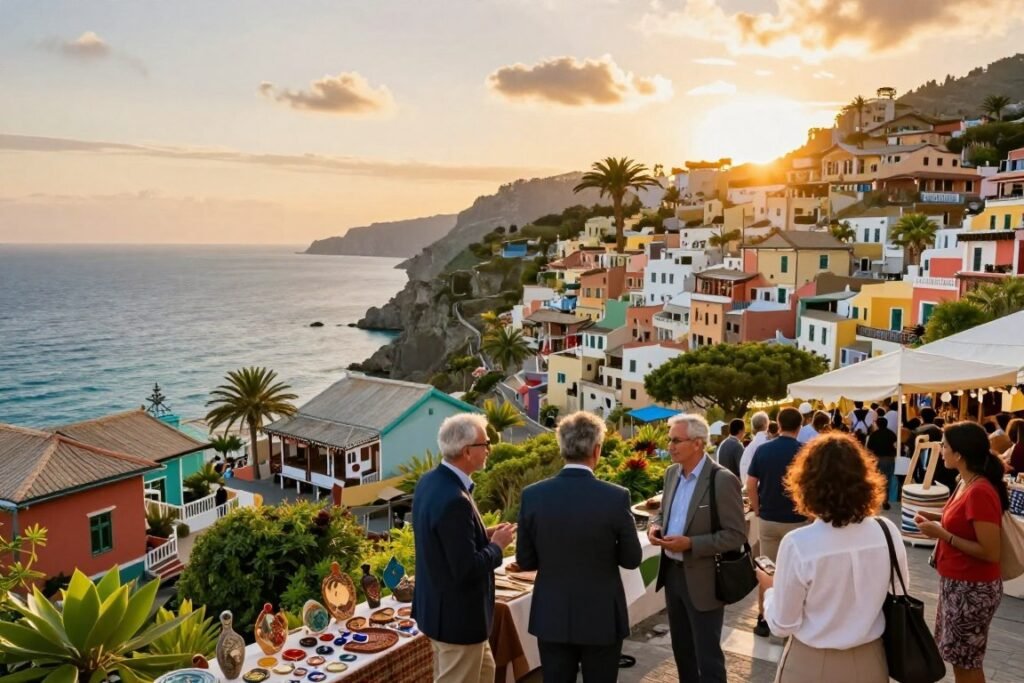 A vibrant and inspiring scene showcasing emerging travel destinations for 2026–2027. In the foreground, a diverse group of travelers in professional business attire are exploring a picturesque coastal village, engaging with local artisans at a bustling market. In the middle ground, colorful traditional buildings with unique architecture reflect cultural heritage, while lush greenery intersperses the lively streets. The background reveals breathtaking cliffs and a crystal-clear sea under a warm sunset sky, casting a golden hue over the landscape. The image features soft, natural lighting to enhance the inviting atmosphere, taken from a slightly elevated angle to capture both the travelers’ experiences and the stunning scenery in one captivating frame. The overall mood is one of adventure, connection, and discovery. A vibrant and inspiring scene showcasing emerging travel destinations for 2026–2027. In the foreground, a diverse group of travelers in professional business attire are exploring a picturesque coastal village, engaging with local artisans at a bustling market. In the middle ground, colorful traditional buildings with unique architecture reflect cultural heritage, while lush greenery intersperses the lively streets. The background reveals breathtaking cliffs and a crystal-clear sea under a warm sunset sky, casting a golden hue over the landscape. The image features soft, natural lighting to enhance the inviting atmosphere, taken from a slightly elevated angle to capture both the travelers’ experiences and the stunning scenery in one captivating frame. The overall mood is one of adventure, connection, and discovery.