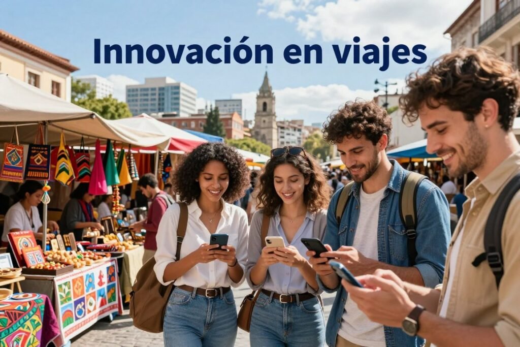 A vibrant and inviting scene showcasing "Innovación en viajes," focusing on local experiences through innovative travel apps. In the foreground, a diverse group of travelers—two women and a man—are enthusiastically engaging with their smartphones, wearing casual yet stylish clothing appropriate for exploring a new city. The middle layer features a bustling local market filled with colorful stalls, showcasing regional crafts, foods, and artworks, highlighting cultural immersion. In the background, a picturesque cityscape with modern architecture juxtaposed against historical buildings, under a bright blue sky with soft, natural lighting. The mood is energizing and inspiring, emphasizing connection and discovery in travel experiences. The camera angle captures the scene from a slightly elevated perspective to convey depth and activity without any text or distractions. A vibrant and inviting scene showcasing "Innovación en viajes," focusing on local experiences through innovative travel apps. In the foreground, a diverse group of travelers—two women and a man—are enthusiastically engaging with their smartphones, wearing casual yet stylish clothing appropriate for exploring a new city. The middle layer features a bustling local market filled with colorful stalls, showcasing regional crafts, foods, and artworks, highlighting cultural immersion. In the background, a picturesque cityscape with modern architecture juxtaposed against historical buildings, under a bright blue sky with soft, natural lighting. The mood is energizing and inspiring, emphasizing connection and discovery in travel experiences. The camera angle captures the scene from a slightly elevated perspective to convey depth and activity without any text or distractions.