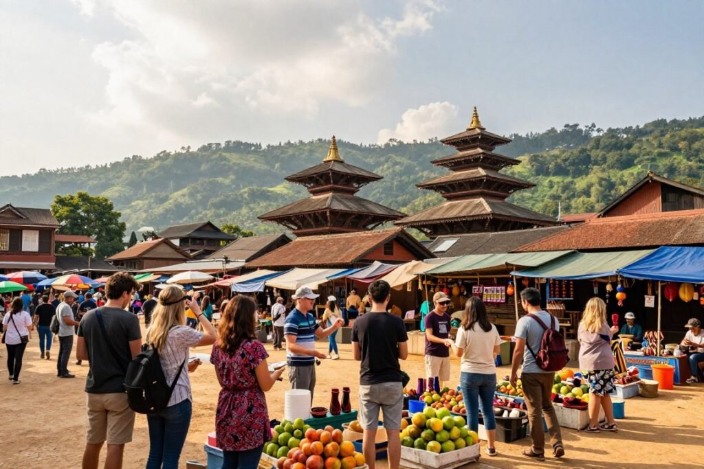 A vibrant scene capturing the essence of budget travel in Asia, showcasing a picturesque market teeming with life. In the foreground, a diverse group of travelers in modest casual clothing interacts joyfully with local vendors selling colorful fruits and handcrafted goods. The middle ground features traditional Asian architecture, such as ornate pagodas and bustling street stalls. The background boasts lush green hills under a bright sky with soft, diffused sunlight filtering through scattered clouds, creating a warm, inviting atmosphere. The scene is captured with a wide-angle lens to emphasize the lively environment, evoking a sense of adventure and discovery in affordable travel. A vibrant scene capturing the essence of budget travel in Asia, showcasing a picturesque market teeming with life. In the foreground, a diverse group of travelers in modest casual clothing interacts joyfully with local vendors selling colorful fruits and handcrafted goods. The middle ground features traditional Asian architecture, such as ornate pagodas and bustling street stalls. The background boasts lush green hills under a bright sky with soft, diffused sunlight filtering through scattered clouds, creating a warm, inviting atmosphere. The scene is captured with a wide-angle lens to emphasize the lively environment, evoking a sense of adventure and discovery in affordable travel.