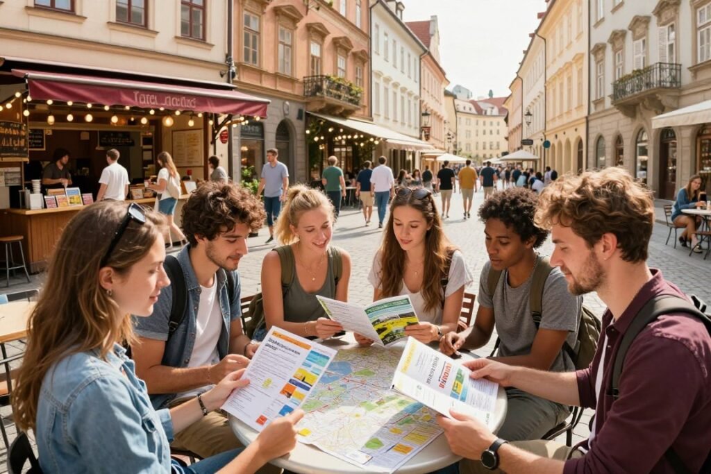 A vibrant travel scene depicting various budget travel strategies in Europe. In the foreground, a diverse group of young adults dressed in casual, comfortable clothing examines a budget travel guide and maps spread out on a cafe table. In the middle ground, a charming European street bustling with tourists, lined with budget-friendly street food stalls and cozy hostels. The background features iconic European architecture bathed in warm afternoon sunlight, creating a welcoming atmosphere. Soft shadows add depth, and a slight fisheye lens effect captures the vibrancy of the scene. The mood is cheerful and adventurous, emphasizing resourcefulness and exploration while traveling on a budget.