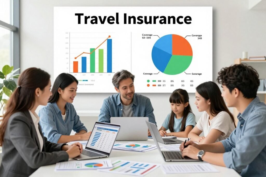 A visually engaging illustration representing a comparison of travel insurance plans. In the foreground, depict a diverse group of individuals, including a young woman in professional attire, a middle-aged man in business casual, and a family, gathered around a table covered with brochures and laptops displaying comparison charts. In the middle ground, incorporate colorful graphs and pie charts, showing various coverage options and price comparisons, creating a sense of analysis and decision-making. The background should feature a bright, modern office setting with a window showcasing a sunny landscape, suggesting optimism and clarity. Use warm, inviting lighting to enhance the mood of informality and collaboration, focusing on the theme of careful selection and informed choices. A visually engaging illustration representing a comparison of travel insurance plans. In the foreground, depict a diverse group of individuals, including a young woman in professional attire, a middle-aged man in business casual, and a family, gathered around a table covered with brochures and laptops displaying comparison charts. In the middle ground, incorporate colorful graphs and pie charts, showing various coverage options and price comparisons, creating a sense of analysis and decision-making. The background should feature a bright, modern office setting with a window showcasing a sunny landscape, suggesting optimism and clarity. Use warm, inviting lighting to enhance the mood of informality and collaboration, focusing on the theme of careful selection and informed choices.