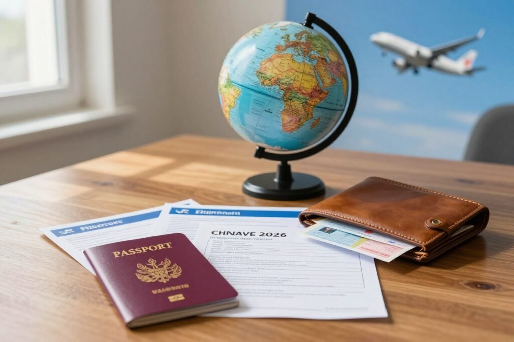 A well-organized travel document display for Chileans looking to travel to Europe in 2026. In the foreground, a passport, a visa, and travel insurance documents are neatly arranged on a polished wooden table. A stylish leather travel wallet is partially open, revealing additional paperwork. In the middle, a globe highlights Europe, with connecting lines visualizing travel paths from Chile. The background features a soft-focus image of an airplane taking off against a bright blue sky, symbolizing departure and adventure. Warm natural light streams in from a window, casting gentle shadows, creating a welcoming atmosphere. The lens captures a slight depth of field to emphasize the documents while keeping the background contextual yet unobtrusive. The overall mood is optimistic and professional, inspiring confidence in travel preparations. A well-organized travel document display for Chileans looking to travel to Europe in 2026. In the foreground, a passport, a visa, and travel insurance documents are neatly arranged on a polished wooden table. A stylish leather travel wallet is partially open, revealing additional paperwork. In the middle, a globe highlights Europe, with connecting lines visualizing travel paths from Chile. The background features a soft-focus image of an airplane taking off against a bright blue sky, symbolizing departure and adventure. Warm natural light streams in from a window, casting gentle shadows, creating a welcoming atmosphere. The lens captures a slight depth of field to emphasize the documents while keeping the background contextual yet unobtrusive. The overall mood is optimistic and professional, inspiring confidence in travel preparations.