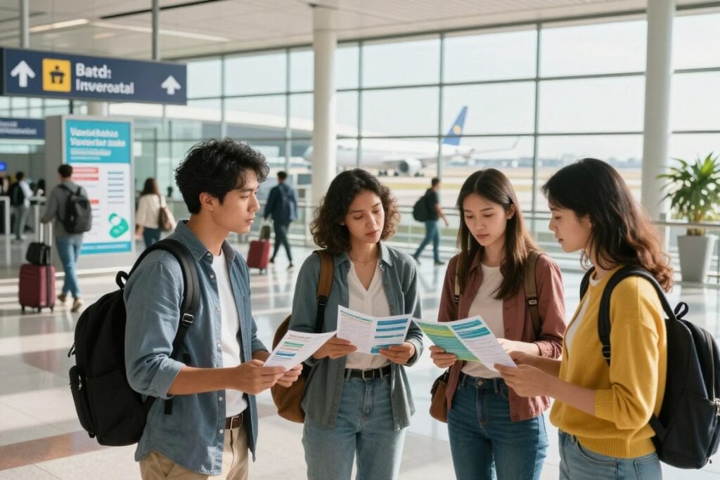 A well-organized travel scene illustrating the importance of health recommendations for safe international travel. In the foreground, a diverse group of travelers, dressed in comfortable, smart casual attire, examine a health advisory brochure and discuss it thoughtfully. The middle ground features a vibrant airport terminal with international signs, travelers wheeling suitcases, and health-related posters emphasizing vaccinations and safety measures on the walls. In the background, large windows reveal a sunny day outside, with planes preparing for departure, symbolizing the adventure ahead. Soft, natural lighting floods the scene, creating an inviting, optimistic atmosphere. Aim for a slightly elevated angle to capture the interaction of the group and the busy terminal environment, emphasizing the importance of staying informed for health and safety while traveling abroad. A well-organized travel scene illustrating the importance of health recommendations for safe international travel. In the foreground, a diverse group of travelers, dressed in comfortable, smart casual attire, examine a health advisory brochure and discuss it thoughtfully. The middle ground features a vibrant airport terminal with international signs, travelers wheeling suitcases, and health-related posters emphasizing vaccinations and safety measures on the walls. In the background, large windows reveal a sunny day outside, with planes preparing for departure, symbolizing the adventure ahead. Soft, natural lighting floods the scene, creating an inviting, optimistic atmosphere. Aim for a slightly elevated angle to capture the interaction of the group and the busy terminal environment, emphasizing the importance of staying informed for health and safety while traveling abroad.