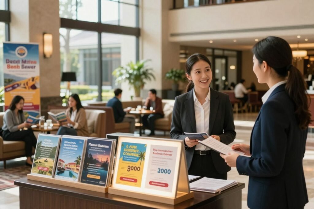 An inviting hotel lobby adorned with various promotional posters showcasing special offers and discounts. In the foreground, a cheerful travel agent in professional business attire is discussing with a couple, while a glowing display of seasonal promotions sits prominently on a desk. The middle ground features elegant seating areas with guests relaxing and browsing through travel brochures. In the background, tall windows let in warm natural light, enhancing the atmosphere of hospitality and eagerness to explore. Soft shadows play across the room, and the overall mood is uplifting and efficient, highlighting the excitement of discovering money-saving travel opportunities. The image should have a cinematic feel with a soft focus on the couple and the travel agent, emphasizing a sense of engagement and optimism.