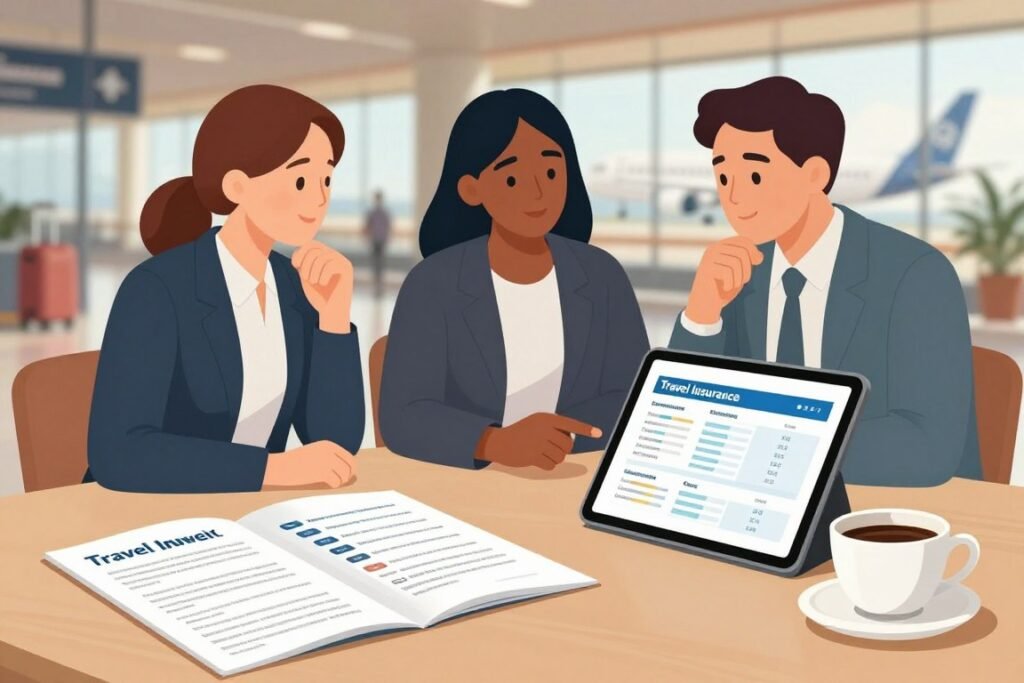 Create an illustration depicting practical travel insurance tips. In the foreground, display a well-organized travel desk with a neatly spread-out travel brochure, a digital tablet showing a travel insurance comparison chart, and a cup of coffee. In the middle layer, place a diverse group of three professionals engaging in discussion, dressed in business attire, pointing at the tablet and looking thoughtfully at the brochure. The background should feature a softly blurred airport scene, hinting at travel with suitcases and an airplane in the distance. Use warm soft lighting to create an inviting atmosphere, emphasizing the importance of informed decision-making. Capture the mood of professionalism and readiness for travel planning. Create an illustration depicting practical travel insurance tips. In the foreground, display a well-organized travel desk with a neatly spread-out travel brochure, a digital tablet showing a travel insurance comparison chart, and a cup of coffee. In the middle layer, place a diverse group of three professionals engaging in discussion, dressed in business attire, pointing at the tablet and looking thoughtfully at the brochure. The background should feature a softly blurred airport scene, hinting at travel with suitcases and an airplane in the distance. Use warm soft lighting to create an inviting atmosphere, emphasizing the importance of informed decision-making. Capture the mood of professionalism and readiness for travel planning.