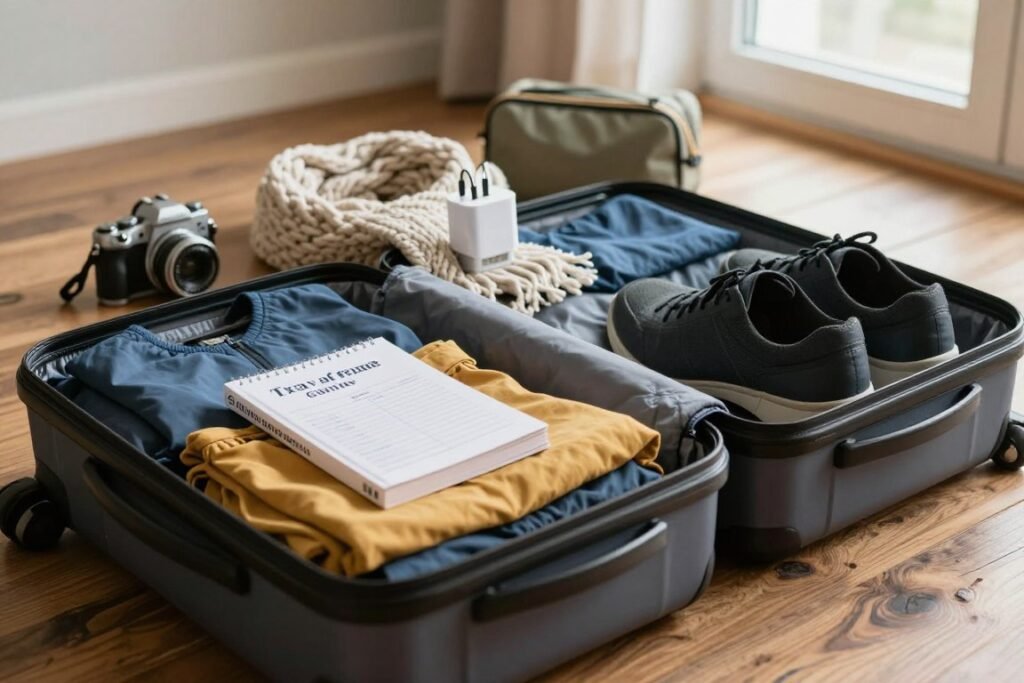 A neatly organized suitcase on a rustic wooden floor, featuring essential travel items for a trip to Europe. In the foreground, open suitcase displaying neatly folded clothes, a travel guide, a digital camera, a pair of comfortable shoes, and a stylish jacket. In the middle, a cozy scarf and a travel adapter are placed beside a small toiletry bag. The background showcases a soft, warm light filtering in through a window, creating a welcoming atmosphere. The scene reflects a sense of preparation and adventure, emphasizing the importance of packing efficiently. The focus is on the items themselves without any people, capturing the essence of a well-thought-out packing checklist for European travel. A neatly organized suitcase on a rustic wooden floor, featuring essential travel items for a trip to Europe. In the foreground, open suitcase displaying neatly folded clothes, a travel guide, a digital camera, a pair of comfortable shoes, and a stylish jacket. In the middle, a cozy scarf and a travel adapter are placed beside a small toiletry bag. The background showcases a soft, warm light filtering in through a window, creating a welcoming atmosphere. The scene reflects a sense of preparation and adventure, emphasizing the importance of packing efficiently. The focus is on the items themselves without any people, capturing the essence of a well-thought-out packing checklist for European travel.