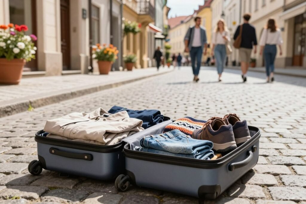 A neatly packed suitcase on a vibrant European street, showcasing essential travel clothing for a discerning traveler. In the foreground, the suitcase is open, revealing items like a lightweight jacket, a versatile pair of jeans, a stylish sweater, and comfortable walking shoes. In the middle ground, a cobblestone street is lined with charming European architecture and blooming flowers, adding to the travel atmosphere. The background features a soft-focus view of people in smart casual attire, enjoying their day. Bright and natural lighting captures the essence of a sunny afternoon, while a slightly elevated angle provides an overview of the suitcase and its contents. The mood is adventurous and inviting, perfect for inspiring travelers to explore Europe. A neatly packed suitcase on a vibrant European street, showcasing essential travel clothing for a discerning traveler. In the foreground, the suitcase is open, revealing items like a lightweight jacket, a versatile pair of jeans, a stylish sweater, and comfortable walking shoes. In the middle ground, a cobblestone street is lined with charming European architecture and blooming flowers, adding to the travel atmosphere. The background features a soft-focus view of people in smart casual attire, enjoying their day. Bright and natural lighting captures the essence of a sunny afternoon, while a slightly elevated angle provides an overview of the suitcase and its contents. The mood is adventurous and inviting, perfect for inspiring travelers to explore Europe.