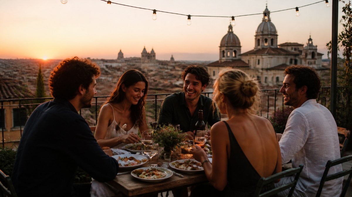 Grupo de amigos cenando en una terraza con vista a la ciudad al atardecer Grupo de amigos cenando en una terraza con vista a la ciudad al atardecer