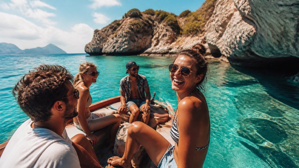 Grupo de amigos en un paseo en bote por aguas turquesa Grupo de amigos en un paseo en bote por aguas turquesa