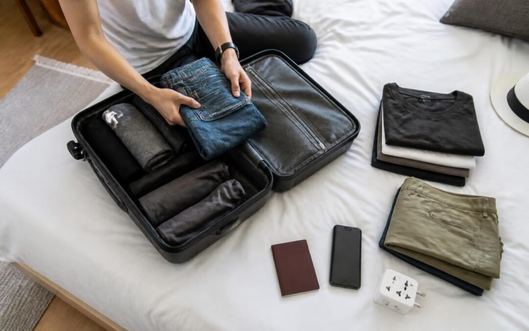 Maleta abierta con pasaporte, celular y artículos de viaje sobre la cama