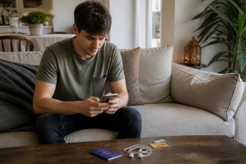 Viajero revisando su celular y tarjetas antes del viaje Viajero revisando su celular y tarjetas antes del viaje