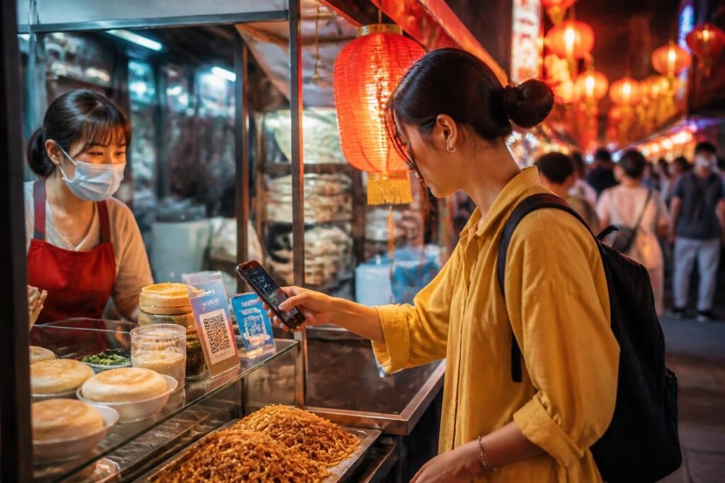 Viajera pagando con código QR desde su celular en un mercado de Shanghái Viajera pagando con código QR desde su celular en un mercado de Shanghái
