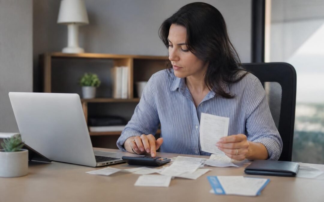 Profesional revisando gastos de un viaje de trabajo en su laptop