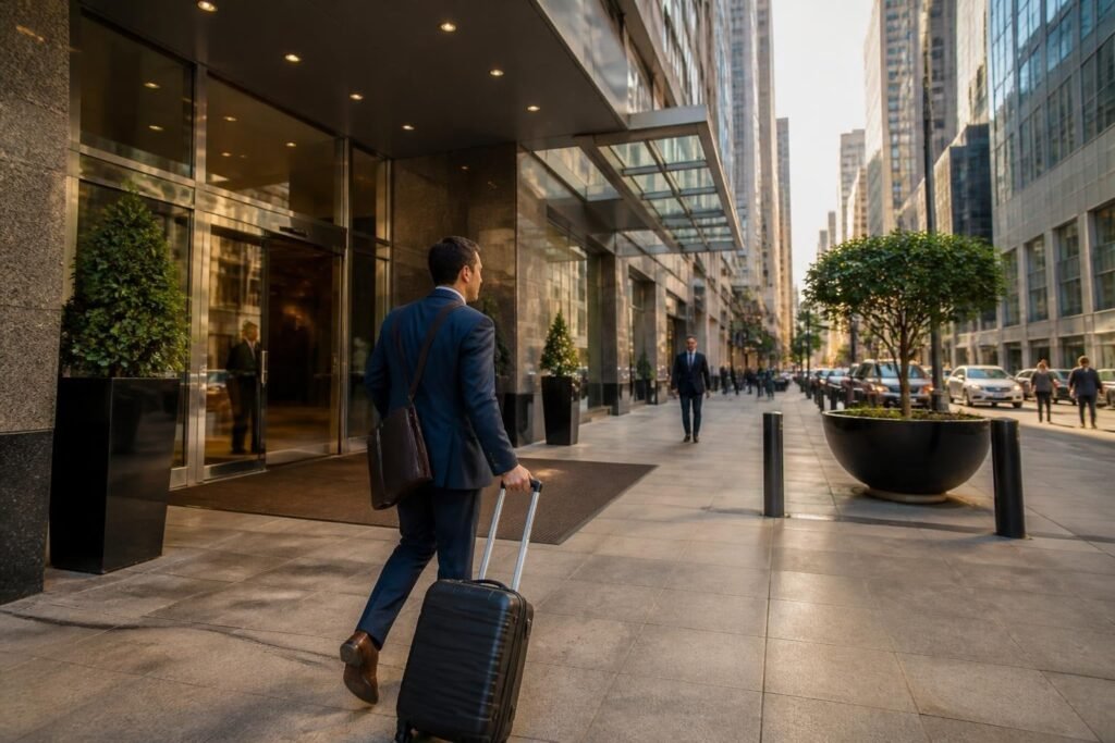 Viajero de negocios llegando a un hotel céntrico cerca de sus reuniones