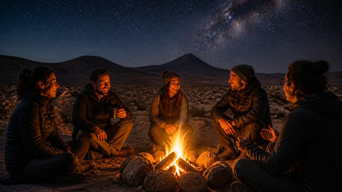 Equipo conversando alrededor de una fogata en el desierto de Atacama bajo las estrellas Equipo conversando alrededor de una fogata en el desierto de Atacama bajo las estrellas