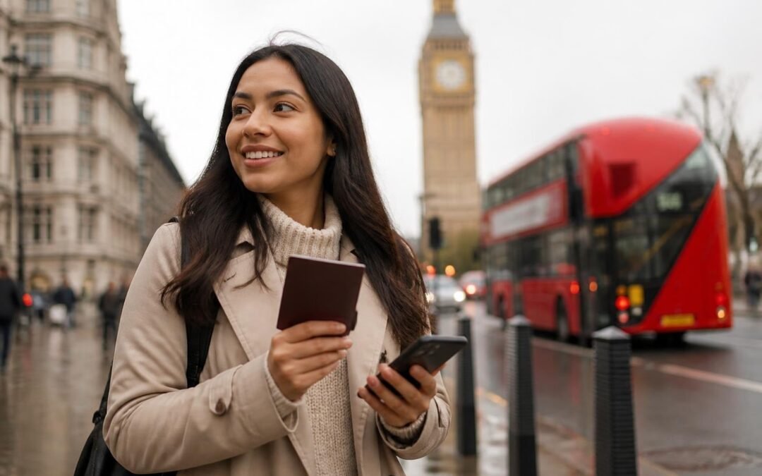 Viajera con pasaporte frente a un bus rojo de dos pisos en Londres
