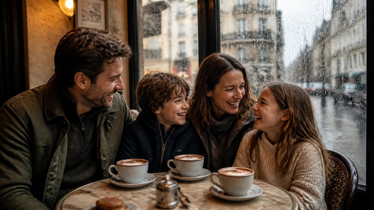 Familia riendo en un café durante un día de lluvia en Europa Familia riendo en un café durante un día de lluvia en Europa
