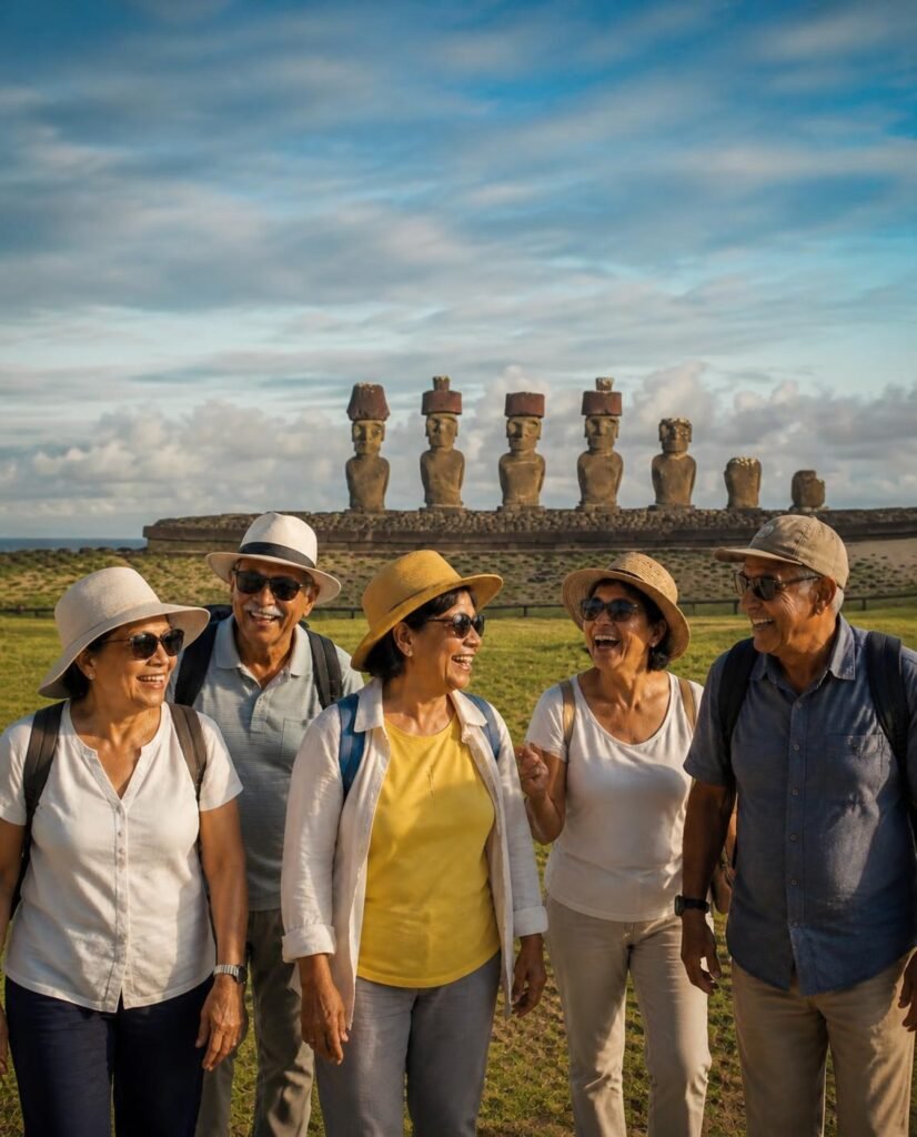 Grupo de cinco viajeros senior sonriendo frente a los moáis de Rapa Nui