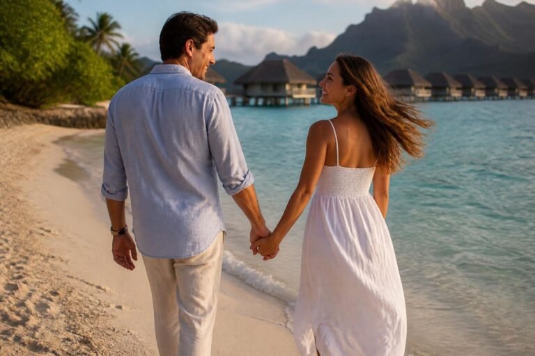 Pareja en luna de miel caminando por la playa en Polinesia