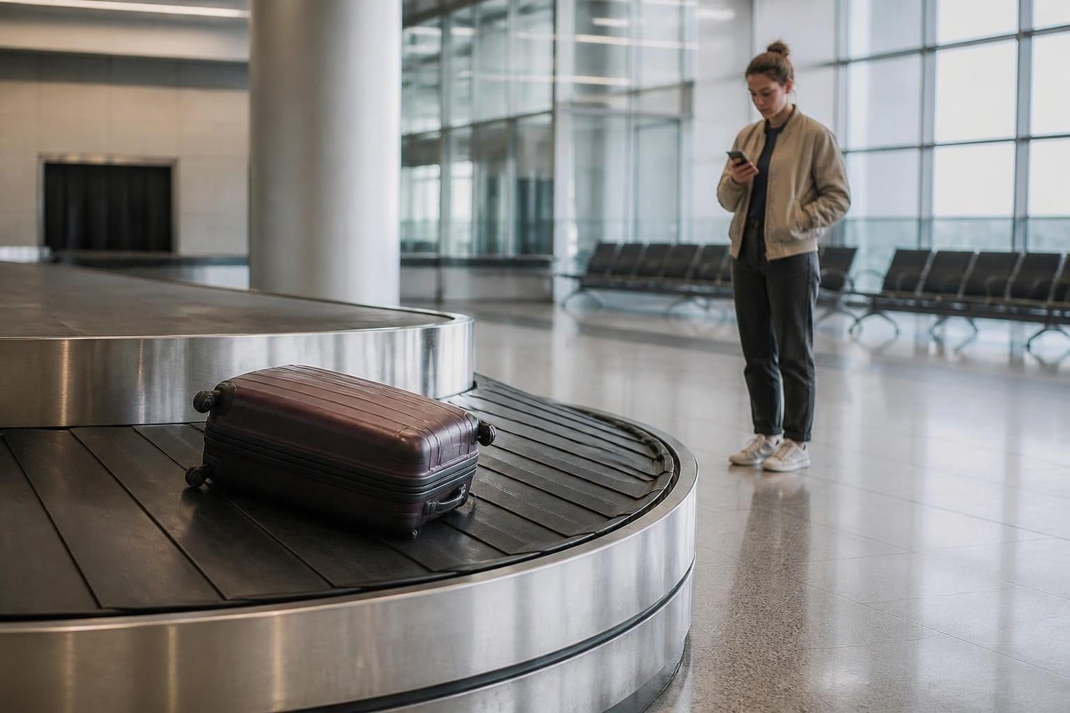 Maleta perdida en el aeropuerto Maleta sola en la cinta de equipaje de un aeropuerto mientras una viajera espera preocupada