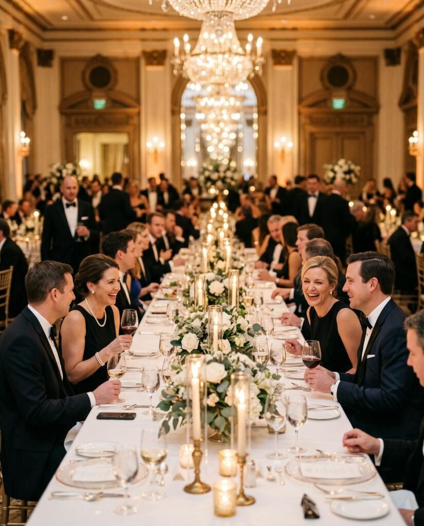 Cena de gala corporativa de fin de año en un hotel