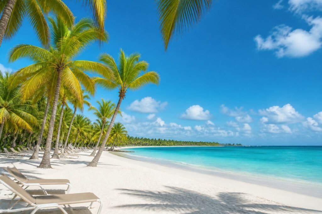 Playa del Caribe con palmeras, arena blanca y mar turquesa Playa del Caribe con palmeras, arena blanca y mar turquesa