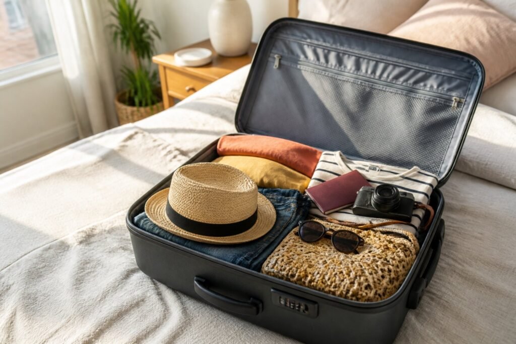 Maleta abierta con ropa de verano, sombrero y lentes de sol lista para viajar Maleta abierta con ropa de verano, sombrero y lentes de sol lista para viajar