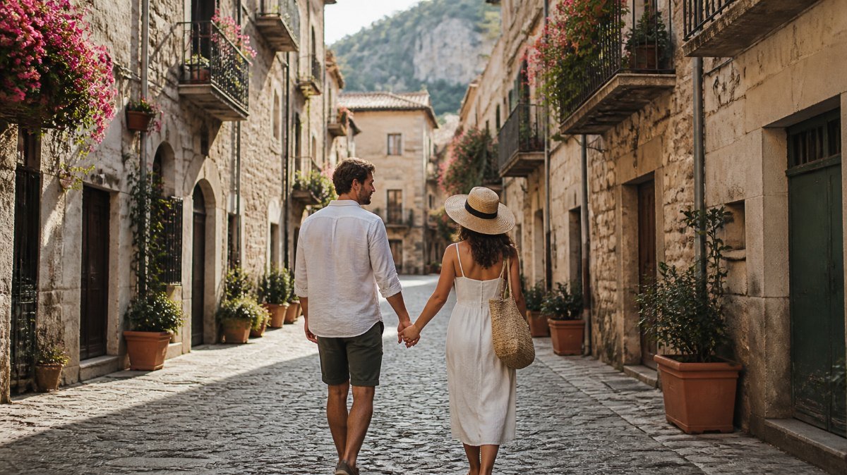 Pareja paseando de la mano por una calle de adoquines en un pueblo europeo Pareja paseando de la mano por una calle de adoquines en un pueblo europeo