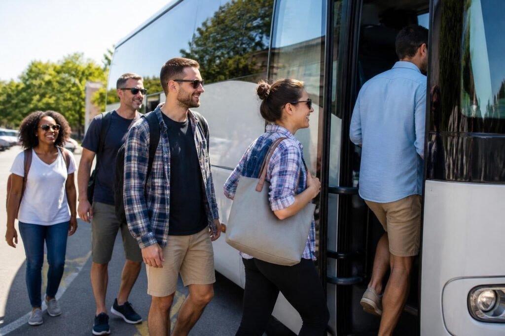 Colaboradores subiendo a un bus para el paseo de fin de año Colaboradores subiendo a un bus para el paseo de fin de año